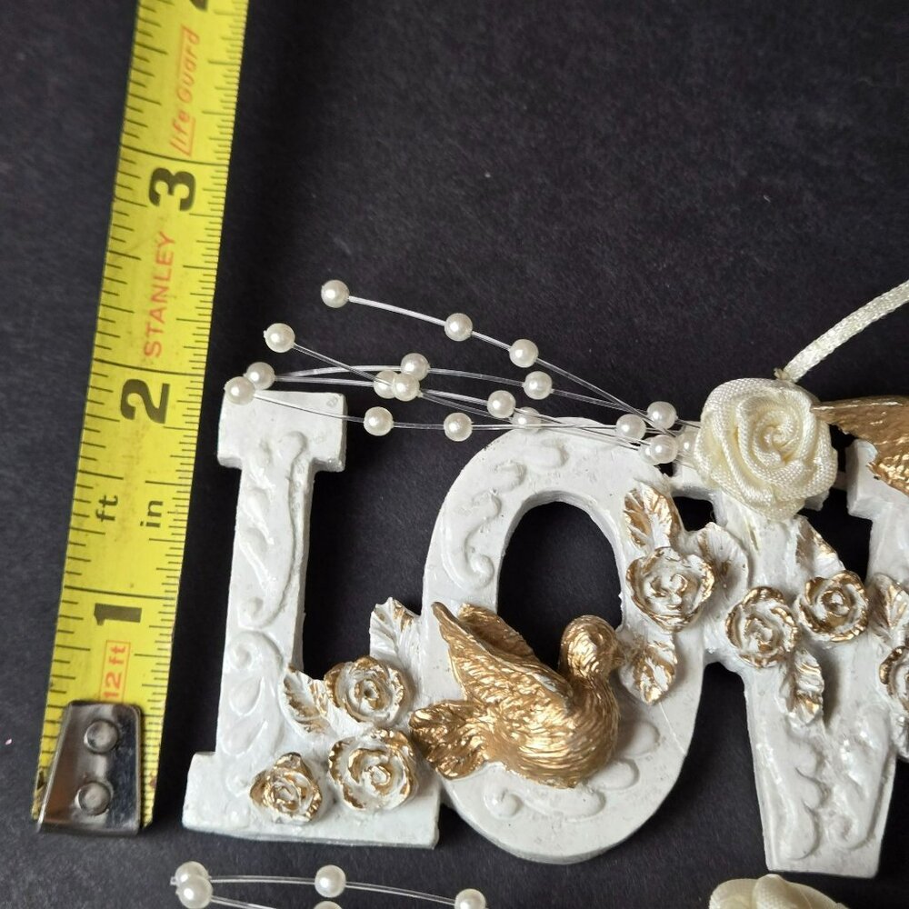 Vintage White Gold Christmas Word Ornaments Set Of 5 Love Joy Noel Doves Roses - Picture 8 of 12